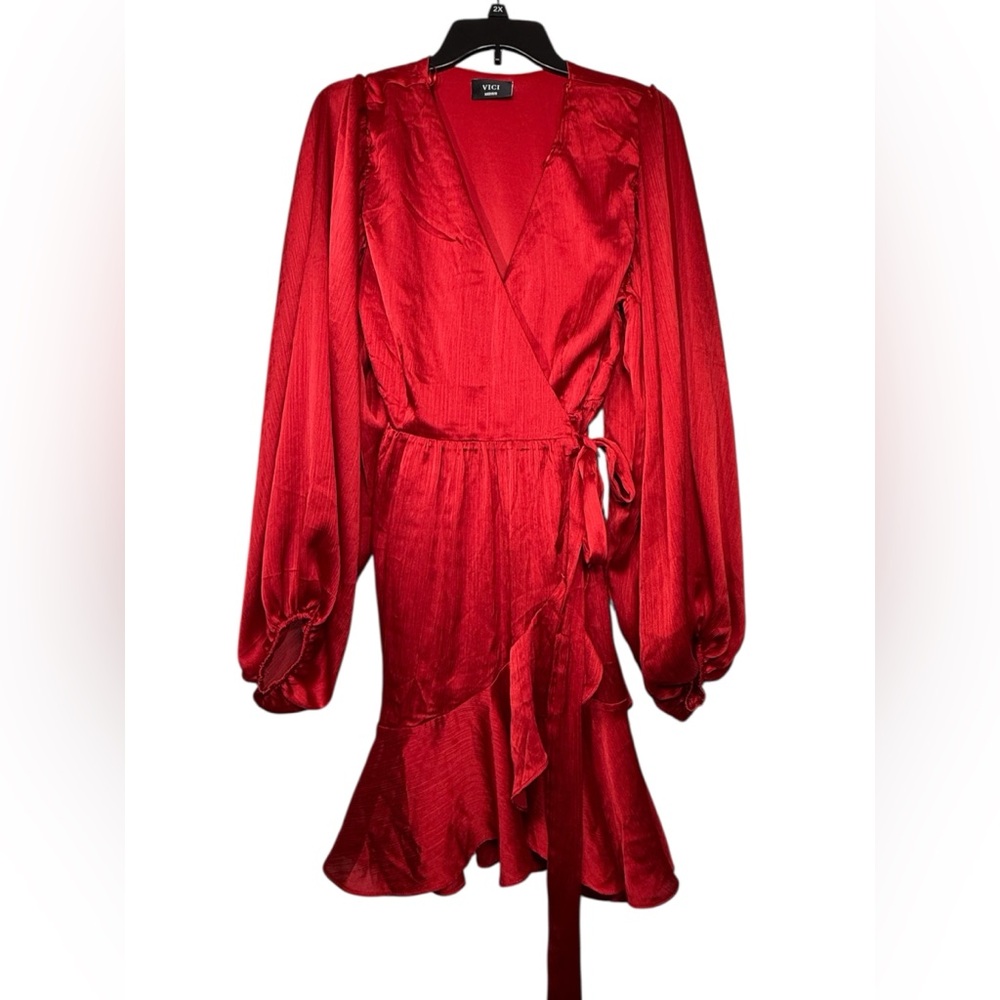 VICI Women’s Satin Wrap Ruffle Mini Dress